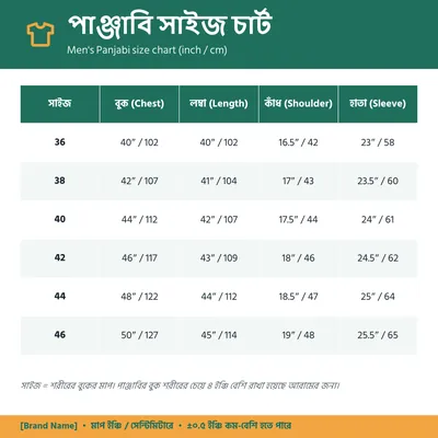 পাঞ্জাবির সাইজ চার্ট পোস্ট, ইঞ্চি ও সেন্টিমিটারে